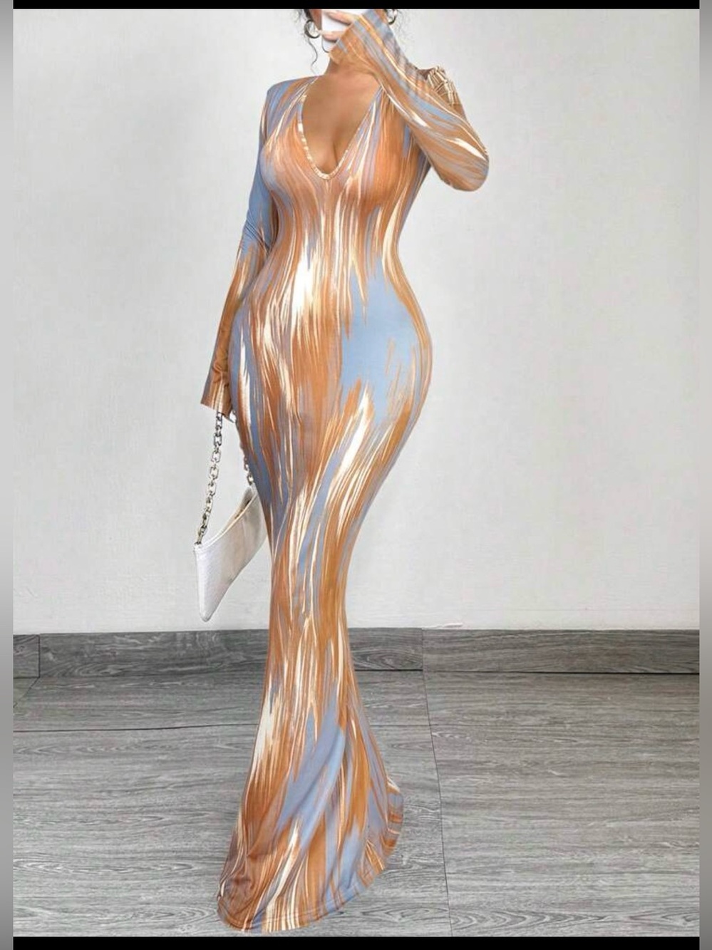 Elegant and Sexy Blue & Gold Long Sleeve V-Neck Bodycon Dress